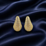 Golden anti-tarnish teardrop stud earrings with clear stones and smooth curved sides from Miraya Creations.