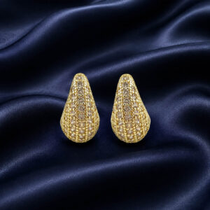 Golden anti-tarnish teardrop stud earrings with clear stones and smooth curved sides from Miraya Creations.