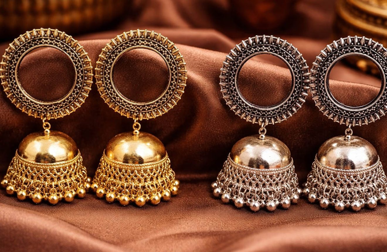 oxidised Silver and gold jhumki earrings for women